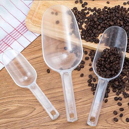 3 Pack Ice Scoop, 26oz/14oz/7oz Clear Plastic Kitchen Ice Scoop for Canisters or Ice Maker, Food Scoops for Canisters, Freezer, Flour, Dry Foods, Coffee Beans, Pop Corn, Pet Dog Cat Food (Round Base) in Kuwait