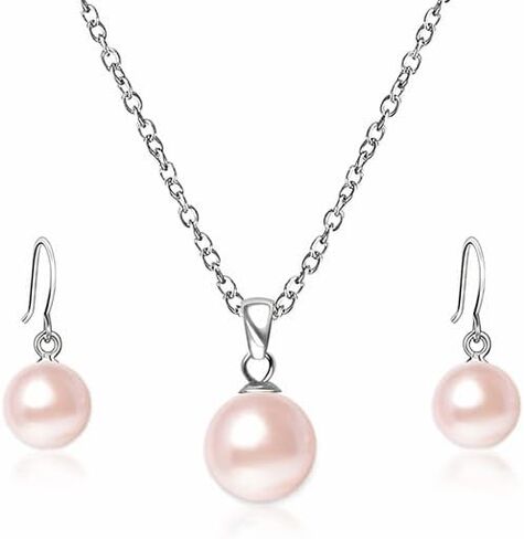 Pearl Pendant Necklace & Earrings Set for Women，Classic Pearl Jewelry Set for Brides and Wedding,12MM Pendant Necklace and 10MM Earrings for Mother or Friends in Kuwait