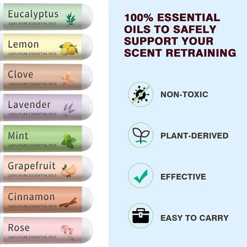 مجموعة التدريب على الرائحة لفقدان الرائحة - 8 علاجات بالزيوت العطرية، تدريب حاسة الشم بالليمون والقرنفل والأوكالبتوس والورد - مجموعة إعادة تدريب الرائحة الطبيعية لدعم حاسة الشم in Kuwait
