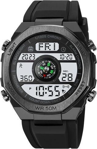 TOOCAT Multifunctional Outdoor Wristwatch (Unisex), 50m Water-Resistant Digital Watch with Step and Calorie Tracking, No Phone Connection Required, No Charging Needed (Black/White) in Kuwait