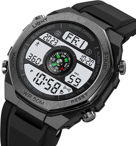 TOOCAT Multifunctional Outdoor Wristwatch (Unisex), 50m Water-Resistant Digital Watch with Step and Calorie Tracking, No Phone Connection Required, No Charging Needed (Black/White) in Kuwait