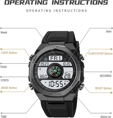 TOOCAT Multifunctional Outdoor Wristwatch (Unisex), 50m Water-Resistant Digital Watch with Step and Calorie Tracking, No Phone Connection Required, No Charging Needed (Black/White) in Kuwait