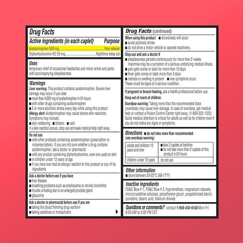 قارنه مع تايلينول بي إم مسكن الألم ومساعد النوم، أسيتامينوفين عام 500 ملغ، سريع المفعول، قوة إضافية للصداع والصداع النصفي والأوجاع | تكوين غير العادة (عدد 375) in Kuwait