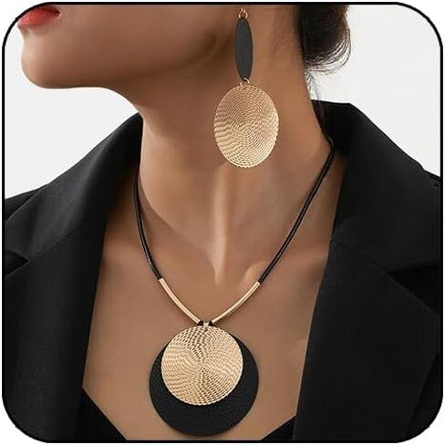 YOOESTORES82 Gold Disc Pendant Necklace Earrings Set Leather Cord Black Circle Statement Necklaces Geometric Textured Medallion Jewelry For Women Party Fashion in Saudi Arabia