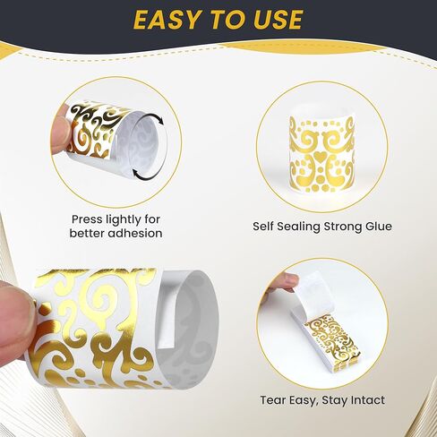 Germiwipe Gold Paper Napkin Bands Self Adhesive, 200 Pcs Silverware Wraps Bands, 1.5x4.25 Inch Luxury Paper Napkin Rings for Restaurant, Wedding, Party, Holiday (Shiny Gold) in Kuwait