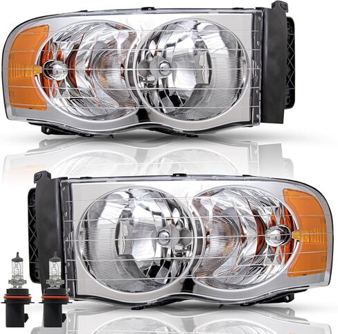 JSBOYAT Headlight Assembly Compatible with 2002-2005 Dodge Ram 1500 Pickup and 2003-2005 Dodge Ram 2500/3500 Pickup Driver Passenger Side (Chrome Housing with Amber Reflector) in Kuwait