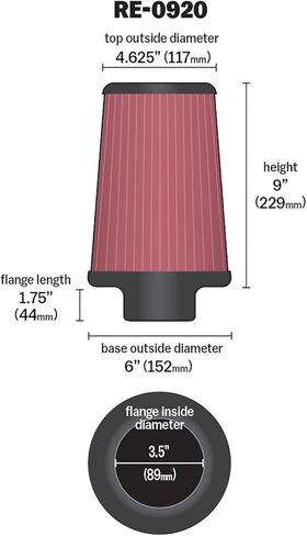 K&N High-Flow Original Lifetime Universal Clamp-On Air Filter: High Performance, Premium, Washable: Flange Diameter: 3.5 In, Filter Height: 9 In, Flange Length: 1.75 In, Shape: Round Tapered, RE-0920 in Saudi Arabia