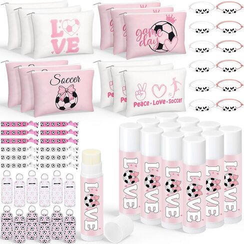 60 Pcs Soccer Party Supplies 12 Cosmetic Makeup Bags 12 Hair Ties 12 Bracelet 12 Lip Balm 12 Lipstick Holder Keychain Soccer Gifts for Team in Saudi Arabia