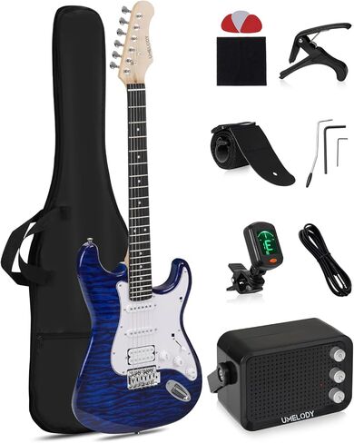 UST-200 مجموعة جيتار كهربائي للمبتدئين HSS لاقط، مفتاح متعدد الاستخدامات بخمسة اتجاهات للحصول على نغمة نظيفة إلى عالية الكسب، جيتار كامل الحجم على طراز ST للمبتدئين واللاعبين المتوسطين، حقيبة أزعج، موالف رقمي أسود in Kuwait