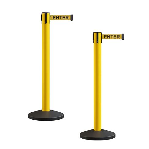Crowd Control Warehouse CCW Series RBB-150 - Set of 2 Stanchion Retractable Belt Barriers - 16 Foot, Yellow"Caution - DO NOT Enter" Black Letters Belt with Yellow Post - Easy Assembly in Saudi Arabia