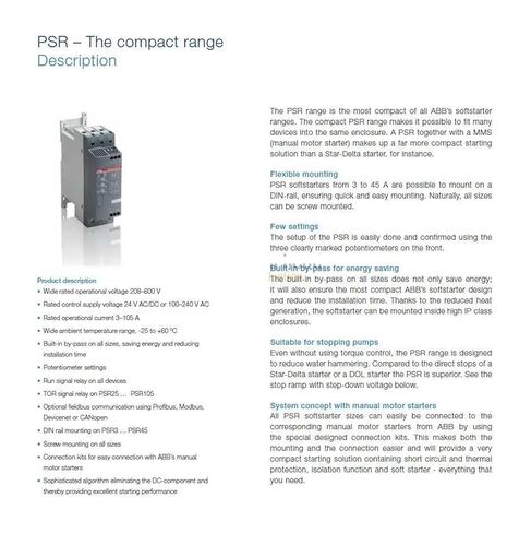بداية ناعمة مدمجة PSR Range Softstarter PSR3-600-70 1.5KW 208-600V تركيب السكك الحديدية 1SFA896103R7000 in Kuwait