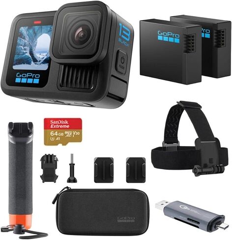 كاميرا الحركة GoPro HERO13 مع فيديو 5.3K60، صورة بدقة 27 ميجابكسل، مع المعالج، 3 بطاريات إندورو، شاحن بطارية مزدوج، بطاقة SD سعة 64 جيجابايت، حافظة، حزام للرأس، حوامل لاصقة، قارئ بطاقات، ضمان لمدة عام، أسود in Saudi Arabia