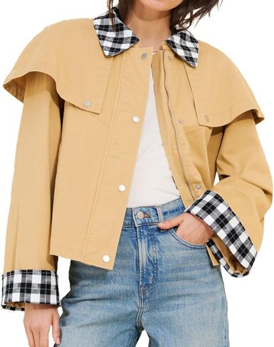 Women’s Gingham Trim Cape Jacket Lightweight Cotton Cropped Trench Coat with Snap Button and Contrast Cuffs in Kuwait