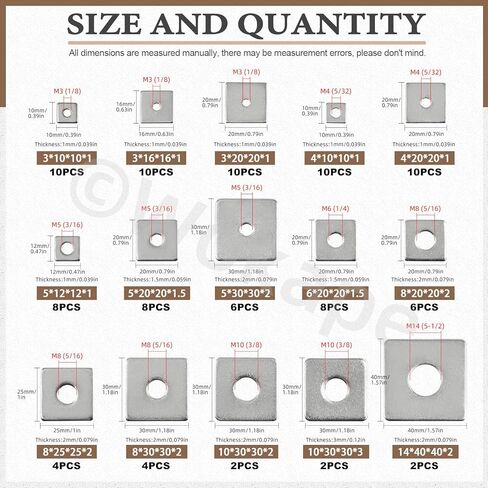 100Pcs Square Washer Kit M3 M4 M5 M6 M8 M10 M14(1/8" 1-1/2" 3/16" 1/4" 5/16" 3/8" 5-1/2") 304 Stainless Steel Rectangular Plate Washers, Square Flat Washers with Round Hole for Bolts/Nuts in Saudi Arabia