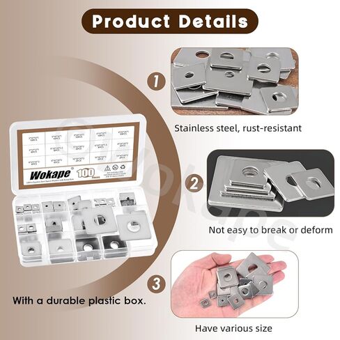 100Pcs Square Washer Kit M3 M4 M5 M6 M8 M10 M14(1/8" 1-1/2" 3/16" 1/4" 5/16" 3/8" 5-1/2") 304 Stainless Steel Rectangular Plate Washers, Square Flat Washers with Round Hole for Bolts/Nuts in Saudi Arabia