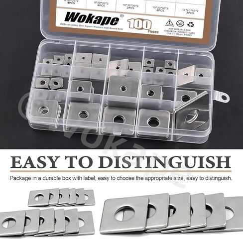 100Pcs Square Washer Kit M3 M4 M5 M6 M8 M10 M14(1/8" 1-1/2" 3/16" 1/4" 5/16" 3/8" 5-1/2") 304 Stainless Steel Rectangular Plate Washers, Square Flat Washers with Round Hole for Bolts/Nuts in Saudi Arabia