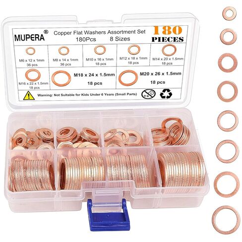 Mupera 180PCS Copper Washer Assortment Kit, Upgraded 8 Sizes (M6-M20), Heavy Duty Copper Crush Flat Washers for Home & Industrial Use in Kuwait
