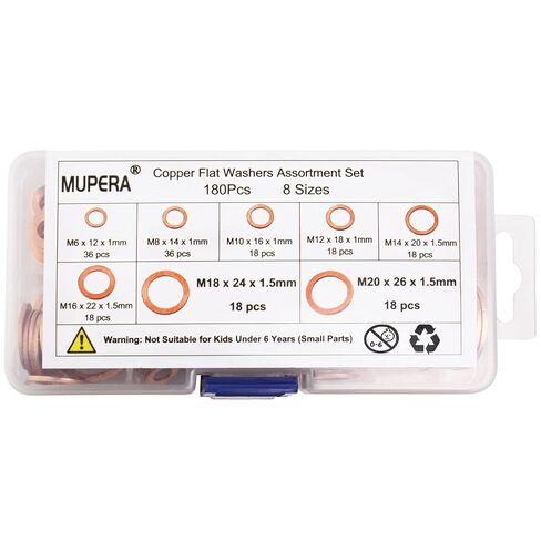 Mupera 180PCS Copper Washer Assortment Kit, Upgraded 8 Sizes (M6-M20), Heavy Duty Copper Crush Flat Washers for Home & Industrial Use in Kuwait