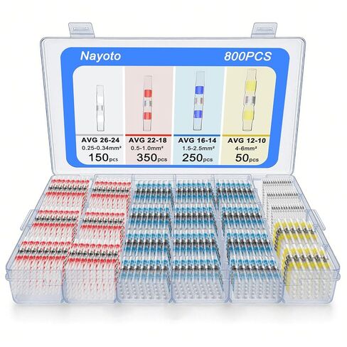 800 قطعة من موصلات أسلاك اللحام المقاومة للماء - مجموعة موصلات كهربائية ذاتية اللحام تنكمش بالحرارة للسيارات البحرية (26-10 AWG، 4 أحجام) (800 قطعة) in Kuwait