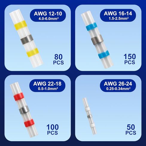 800 قطعة من موصلات أسلاك اللحام المقاومة للماء - مجموعة موصلات كهربائية ذاتية اللحام تنكمش بالحرارة للسيارات البحرية (26-10 AWG، 4 أحجام) (800 قطعة) in Kuwait