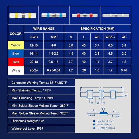 800 قطعة من موصلات أسلاك اللحام المقاومة للماء - مجموعة موصلات كهربائية ذاتية اللحام تنكمش بالحرارة للسيارات البحرية (26-10 AWG، 4 أحجام) (800 قطعة) in Kuwait