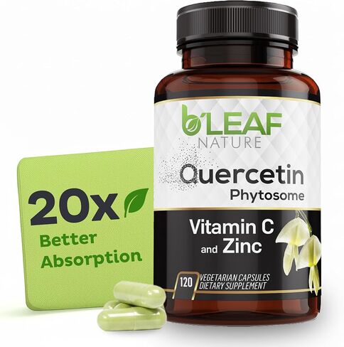 B'LEAF NATURE كيرسيتين فايتوسوم، 120 كبسولة - 1000 مجم كيرسيتين عالي الامتصاص مع فيتامين C والزنك - مكمل كيرسيتين نباتي غير معدّل وراثيًا للمناعة والطاقة والدعم الموسمي in Kuwait