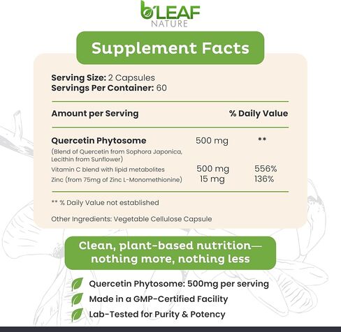 B'LEAF NATURE كيرسيتين فايتوسوم، 120 كبسولة - 1000 مجم كيرسيتين عالي الامتصاص مع فيتامين C والزنك - مكمل كيرسيتين نباتي غير معدّل وراثيًا للمناعة والطاقة والدعم الموسمي in Kuwait