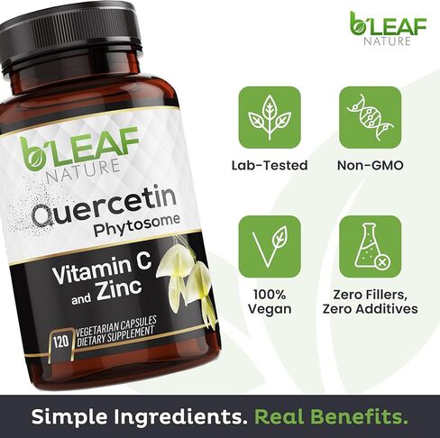 B'LEAF NATURE كيرسيتين فايتوسوم، 120 كبسولة - 1000 مجم كيرسيتين عالي الامتصاص مع فيتامين C والزنك - مكمل كيرسيتين نباتي غير معدّل وراثيًا للمناعة والطاقة والدعم الموسمي in Kuwait