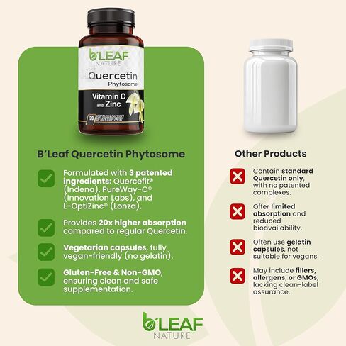 B'LEAF NATURE كيرسيتين فايتوسوم، 120 كبسولة - 1000 مجم كيرسيتين عالي الامتصاص مع فيتامين C والزنك - مكمل كيرسيتين نباتي غير معدّل وراثيًا للمناعة والطاقة والدعم الموسمي in Kuwait