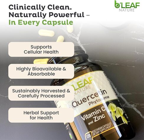 B'LEAF NATURE كيرسيتين فايتوسوم، 120 كبسولة - 1000 مجم كيرسيتين عالي الامتصاص مع فيتامين C والزنك - مكمل كيرسيتين نباتي غير معدّل وراثيًا للمناعة والطاقة والدعم الموسمي in Kuwait