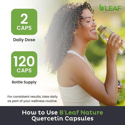 B'LEAF NATURE كيرسيتين فايتوسوم، 120 كبسولة - 1000 مجم كيرسيتين عالي الامتصاص مع فيتامين C والزنك - مكمل كيرسيتين نباتي غير معدّل وراثيًا للمناعة والطاقة والدعم الموسمي in Kuwait