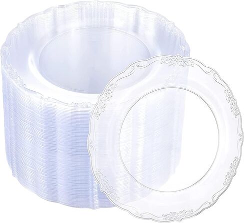 U-QE 100 Pieces Clear Plastic Plates-6 Inch Plastic Dessert Plates Disposable - Washable & Reusable - Premium Hard Clear Plates Fancy Disposable Heavy Duty Plastic Plates for Party,Weddings and Events in Saudi Arabia