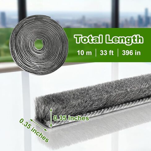 33FT Brush Weather Stripping, 0.35"W x 0.35"T High-Density Self-Adhesive Seal Strip for Doors and Glass Doors, Draft Blocker for Windproof, Dustproof, and Soundproof, Easy Cut & Install, Gray in Kuwait