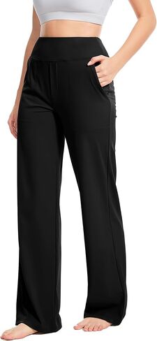 Yoga Pants Women Wide Leg Pants High Waist Stretch Dress Casual Sweatpants Lounge Pants with Pockets Black, Medium, 29" Inseam in Kuwait