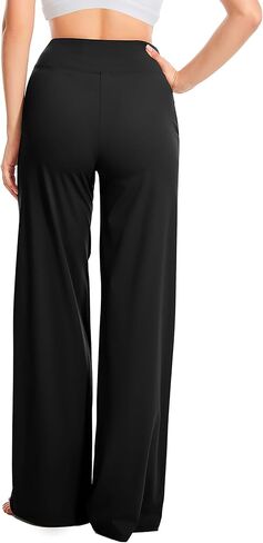 Yoga Pants Women Wide Leg Pants High Waist Stretch Dress Casual Sweatpants Lounge Pants with Pockets Black, Medium, 29" Inseam in Kuwait