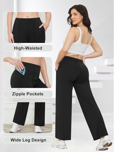 JBT Wide Leg Pants Woman: High Waisted Yoga Pants with Zipple Pockets - Women's Stretchy Business Trousers in Saudi Arabia