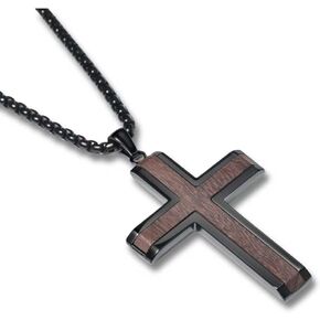 Wooden Cross Necklace for Men, Authentic Handmade Ebony Production, Black Mens Cross Necklaces Christian Baptism Pendant, 24 Inch Stainless Steel Box Chain, Simple Jewelry Gifts Suitable for Men in Saudi Arabia