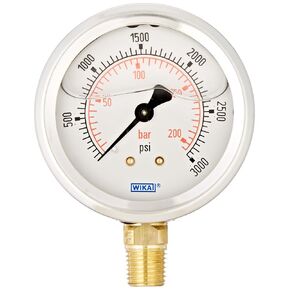 مقياس الضغط الصناعي WIKA 9692105، سائل/قابل لإعادة الملء، أجزاء مبللة من سبائك النحاس، قرص 2-1/2 بوصة، نطاق 0-3000 رطل لكل بوصة مربعة (شريط)، دقة +/- 2/1/2%، وصلة NPT ذكر 1/4 بوصة، حامل سفلي in Kuwait