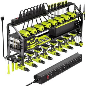 Power Tool Organizer Wall Mount with Charging Station, 8 Drill Holder with 8-Outlet Power Strip, Garage Cordless Drill Storage and Organization, Battery Utility Rack in Saudi Arabia