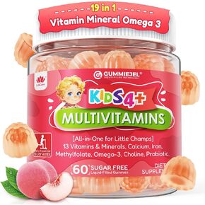 Kids Multivitamin Gummies + Iron, Omega 3, Probiotic, Fiber, Vitamins A C D3 E, K2, Methylfolate, Calcium, Choline, Kids Vitamins Multivitamin for Growth, Immune, Bone, Brain, Focus, No Sugar, 60 Cts in Kuwait