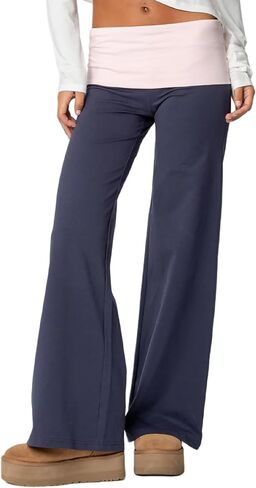 Women Fold Over Yoga Pants Low Rise Flare Leggings Stretchy Bell Wide Leg Sweatpants Y2k Gym Lounge Bottoms in Saudi Arabia