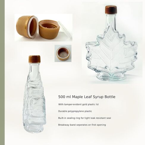 North Mountain Supply Maple Leaf Glass Syrup Bottle – 17 fl oz (500 ml) – Tamper-Evident Gold Plastic Lid – Case of 12 – Ideal for Maple Syrup, Honey, or Homemade Gifts in Saudi Arabia