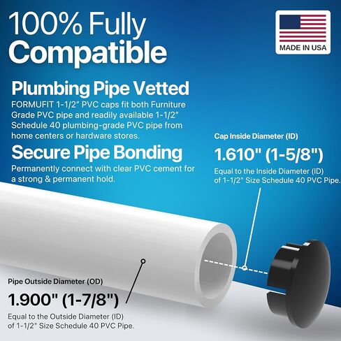 FORMUFIT F112IDC-BK-10 1-1/2" Furniture Grade Internal Dome Cap in Black, 1.9" ID, PVC (Pack of 10) in Saudi Arabia
