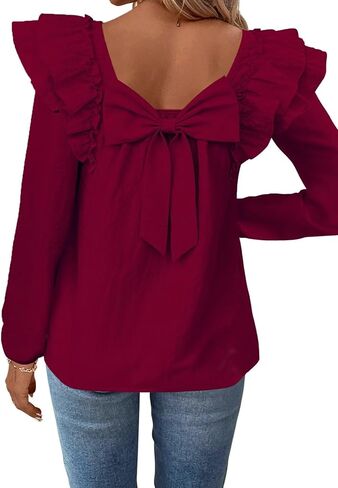 Womens Bow Tie Back Tops Square Neck Long Ruffle Sleeve Shirts Cute Babydoll Chiffon Texture Women Fall Trendy Tunic in Saudi Arabia
