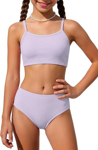 Zando 2 Piece Ribbed Swimsuits for Teen Girls Kids Size 6-15 Years High Waisted Solid Cute Bikini for Summer Beach Wear in Saudi Arabia