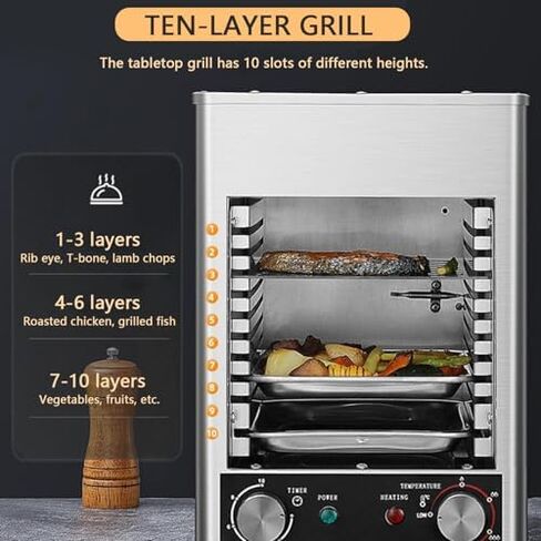 1700W Electric Steak Broiler, Smokeless Grill with 10 Slots, Adjustable 200-800℃ Temp, 0-10 Min Timer, Perfect for Home & Commercial Use, 220V in Saudi Arabia