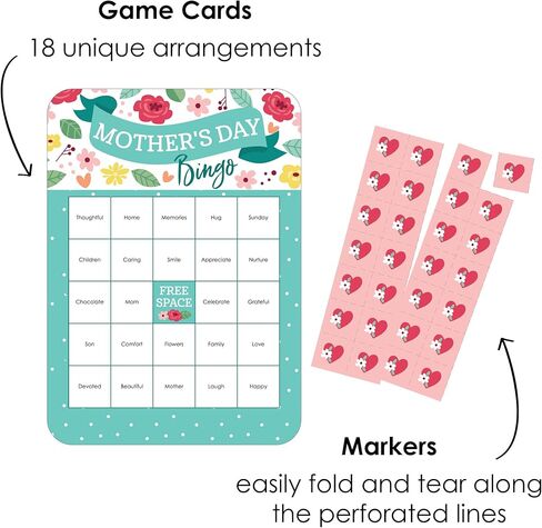 Mother's Day Floral Bingo Game - 18 Cards and Markers Set - Mom Party Card Games, Family Celebration Activity Pack, Interactive Entertainment for Mom's Special Day in Saudi Arabia