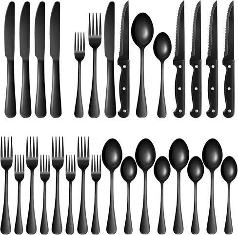 24-Piece Black Silverware Set with Steak Knives Black Stainless Steel Flatware Set for 4 Food Grade Tableware Cutlery Set Rust-proof, Mirror Polished, Dishwasher Safe in Saudi Arabia
