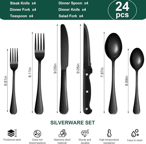 24-Piece Black Silverware Set with Steak Knives Black Stainless Steel Flatware Set for 4 Food Grade Tableware Cutlery Set Rust-proof, Mirror Polished, Dishwasher Safe in Saudi Arabia