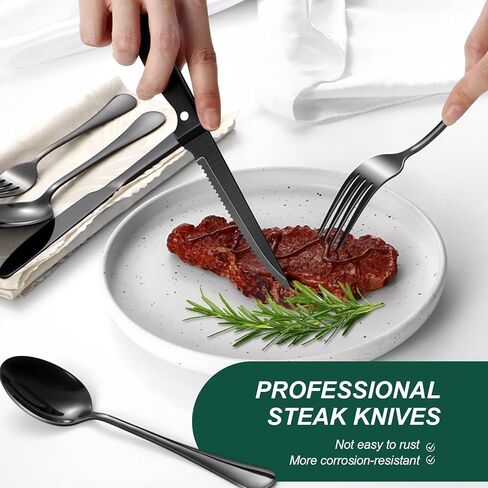 24-Piece Black Silverware Set with Steak Knives Black Stainless Steel Flatware Set for 4 Food Grade Tableware Cutlery Set Rust-proof, Mirror Polished, Dishwasher Safe in Saudi Arabia